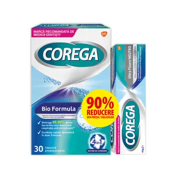 Pachet Crema adezivă pentru proteza Corega Neutro 40g + Tablete efervescente Corega Bio Formula, 30 tablete, Gsk