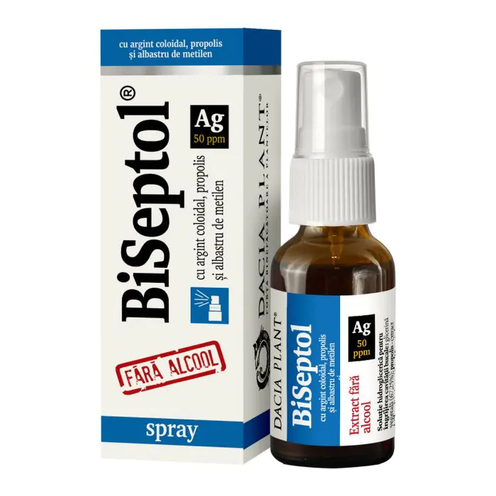 BiSeptol spray cu Argint coloidal, fara alcool, 20 ml, Dacia Plant