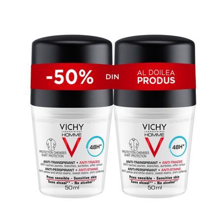 Deodorant roll-on Vichy Homme anti-urme 48h, 50ml, 1+1 -50%