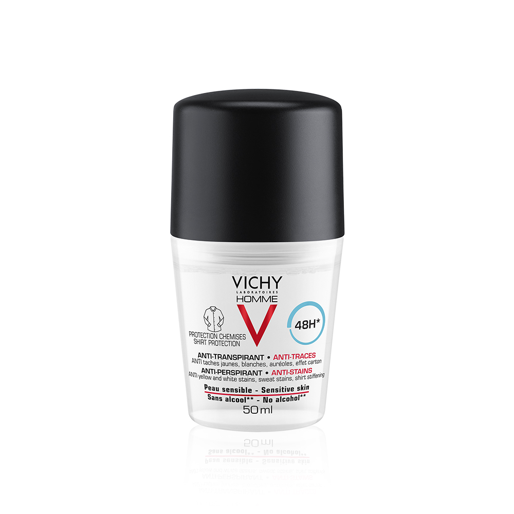 Deodorant roll-on Vichy Homme cu efect anti-urme, eficacitate 48h, 50ml
