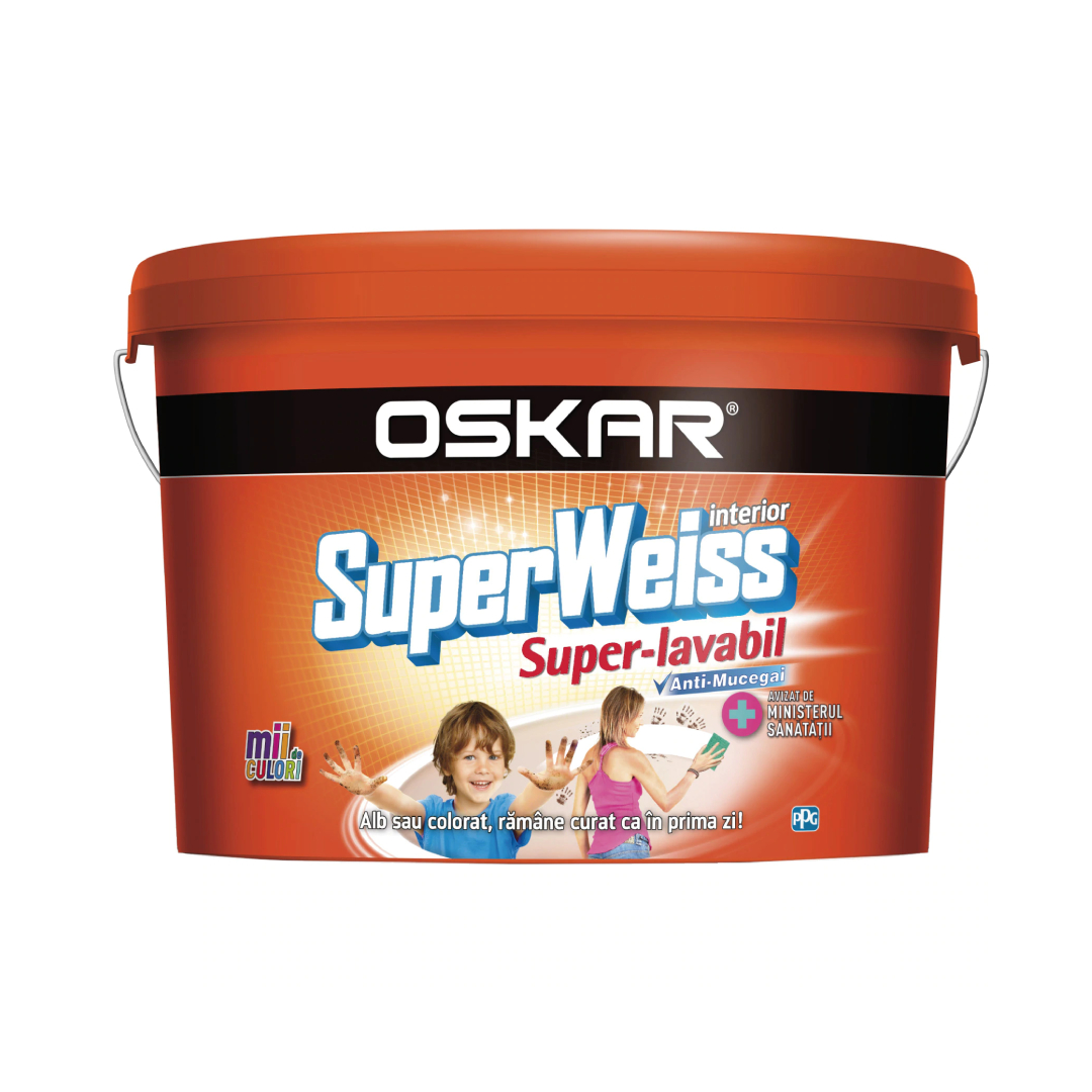 Vopsea lavabila pentru interior anti-mucegai Oskar Superweiss Satin alb 8.5 L
