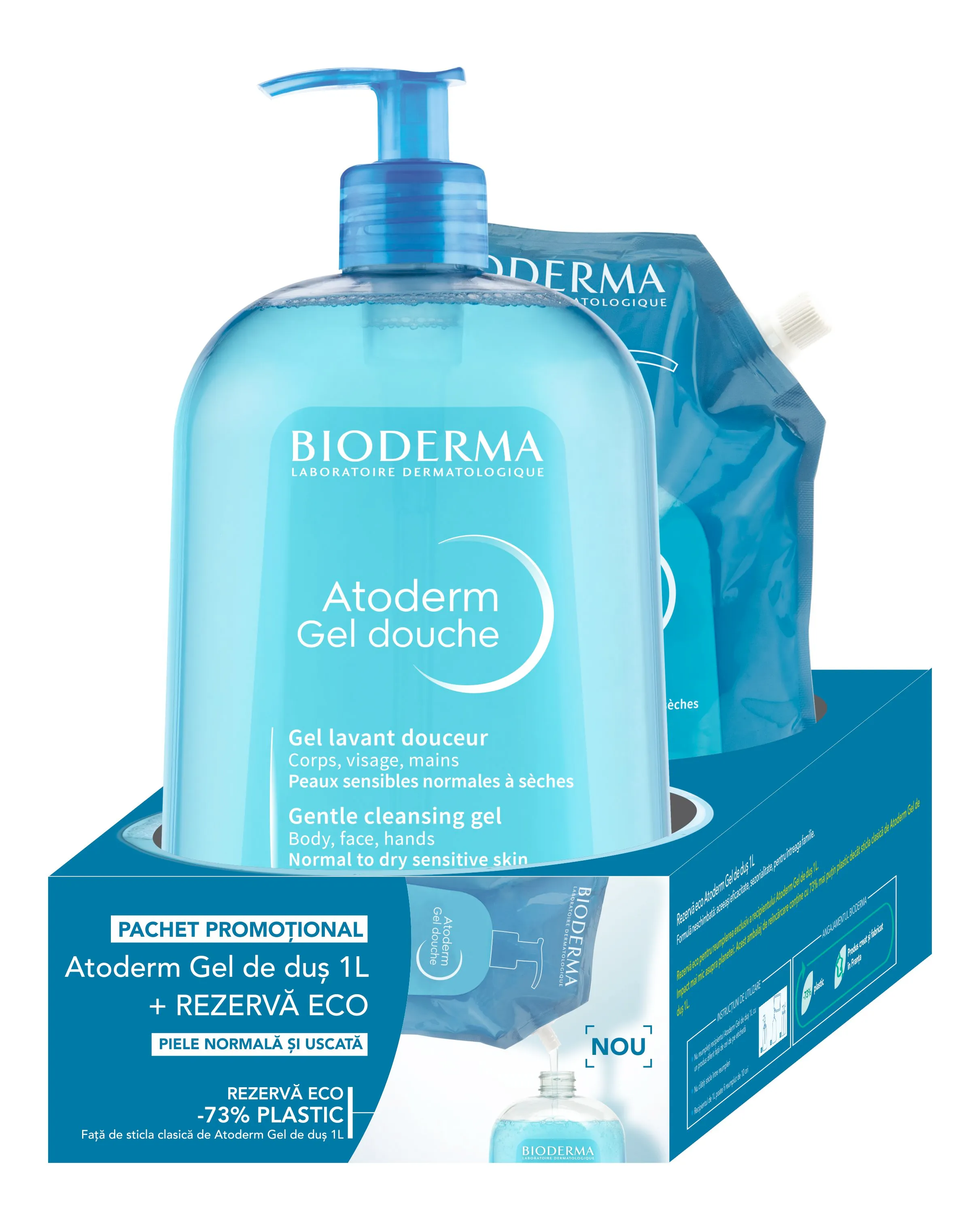 Gel de dus Atoderm + Rezerva eco gel de dus Atoderm Pachet, 1000 ml + 1000 ml, Bioderma 