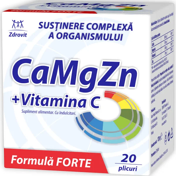 Calciu, Magneziu, Zinc + Vitamina C Forte, 20 plicuri, Zdrovit