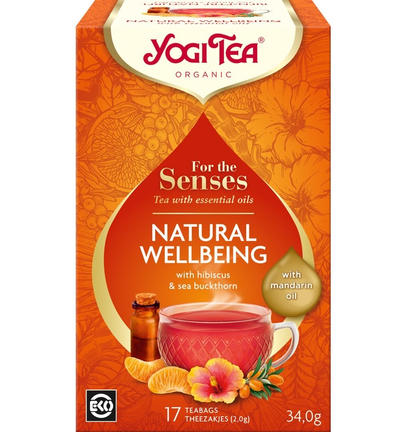 Ceai bio Natural Wellbeing cu ulei de mandarine, hibiscus si catina, 17 plicuri, Yogi Tea