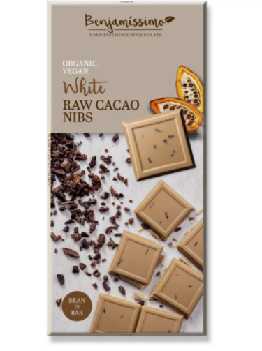 Ciocolata bio alba cu cacao nibs, 70g, Benjamissimo