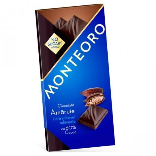 Ciocolata neagra Monteoro cu 60% cacao fara zahar, 90g, Sly Nutricia