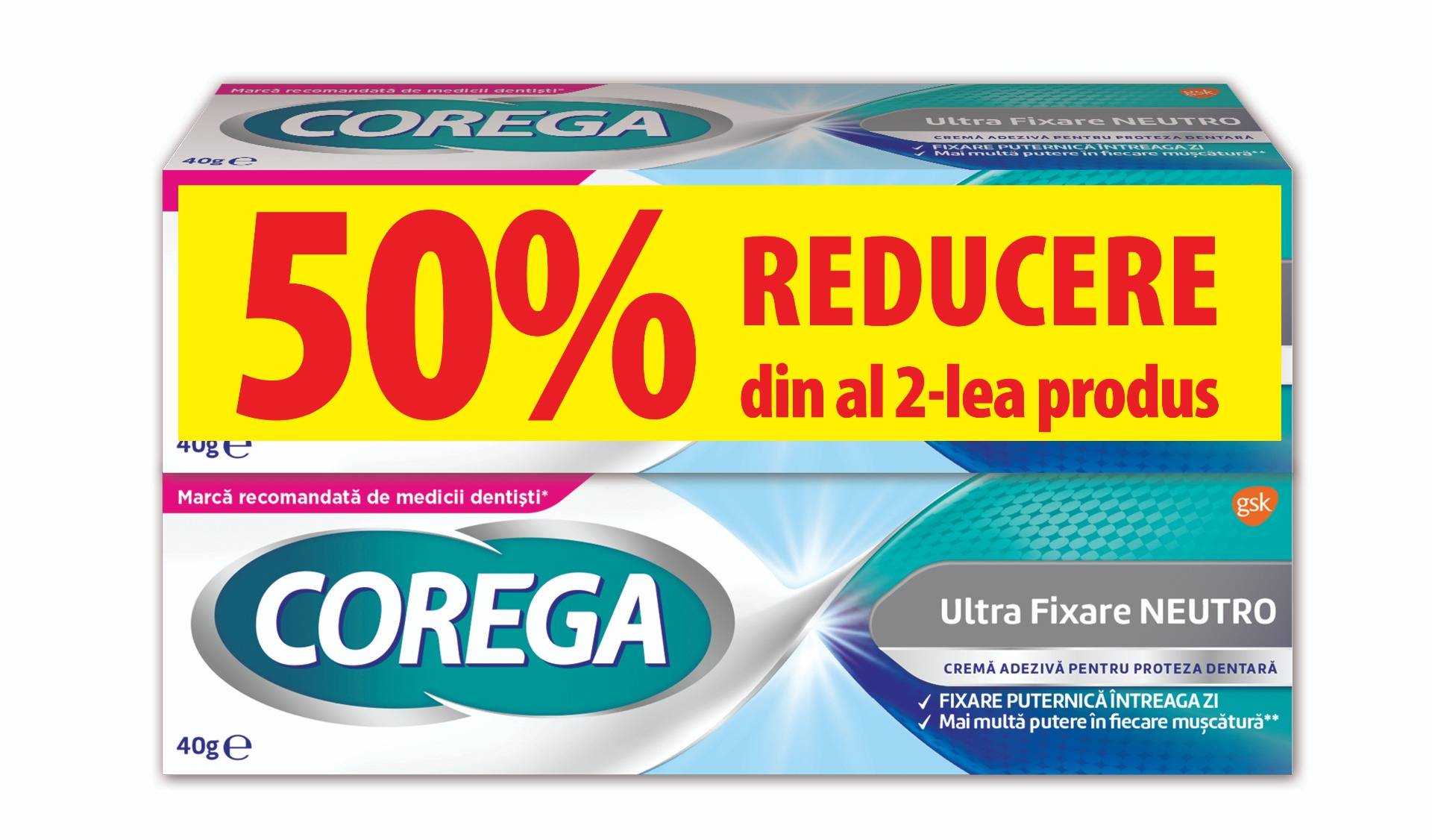 Pachet crema adeziva pentru proteze Ultra Fixare Neutro Corega, 40g, 1+1-50%, GSK