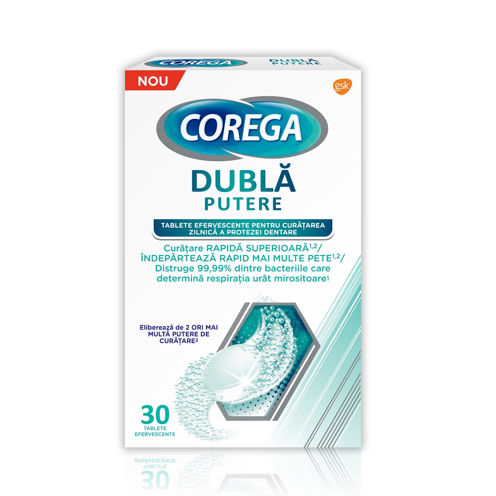 Tablete efervescente Dubla Putere Corega, 30 tablete, GSK