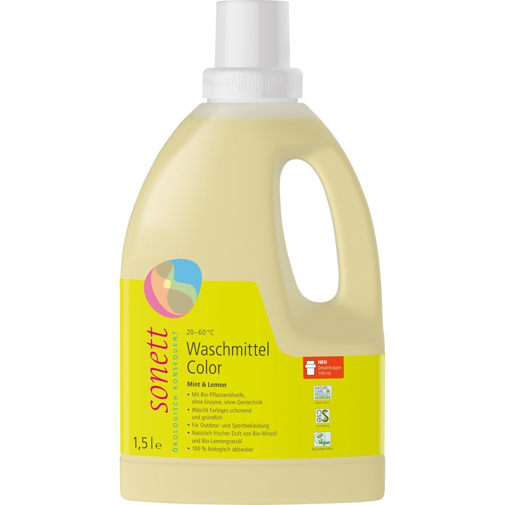 Detergent lichid eco pentru rufe colorate cu lamaie si menta, 1.5L, Sonett