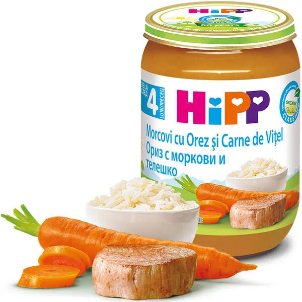 HIPP Morcovi cu Orez si Carne de Vitel BIO 4luni+, 190 g