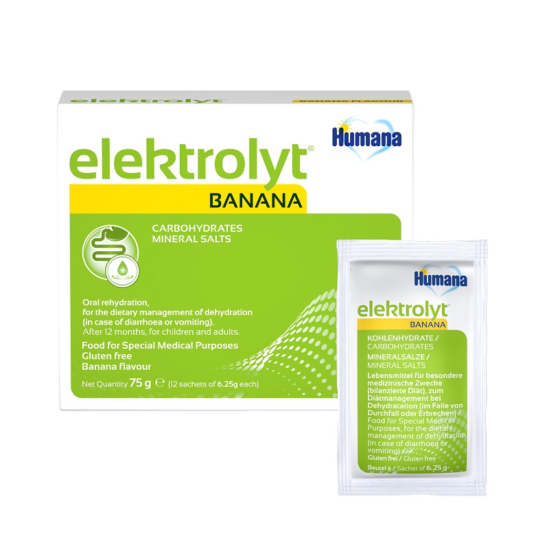 Elektrolyt cu aroma de banane, 75g, 12 plicuri, Humana