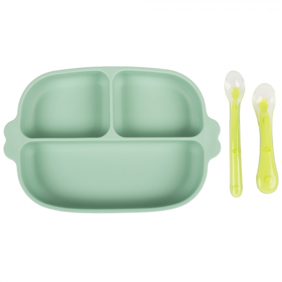 Set hranire bebe farfurie silicon si tacamuri, verde, KidsCare