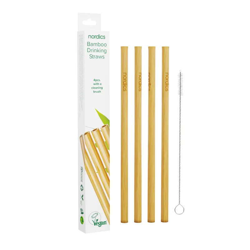 Set 4 paie din bambus pentru baut + periuta de curatare, Nordics