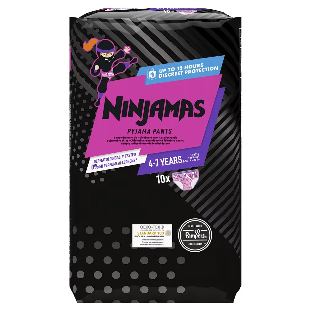 Scutece-chilotel pentru noapte Pampers Ninjamas 7 pentru fetite, 4-7 ani, 17-30kg, 10 bucati, P&G