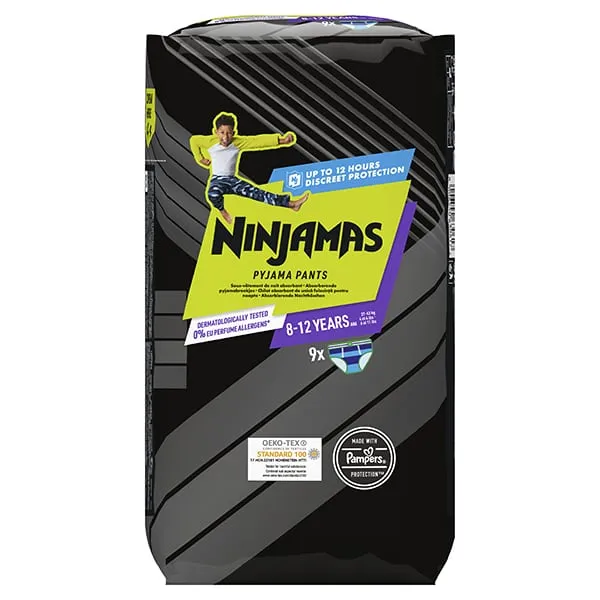 Scutece chilot de noapte pentru baieti Ninjamas 8, 8-12 ani, 27-43 kg, 9 bucati, Pampers