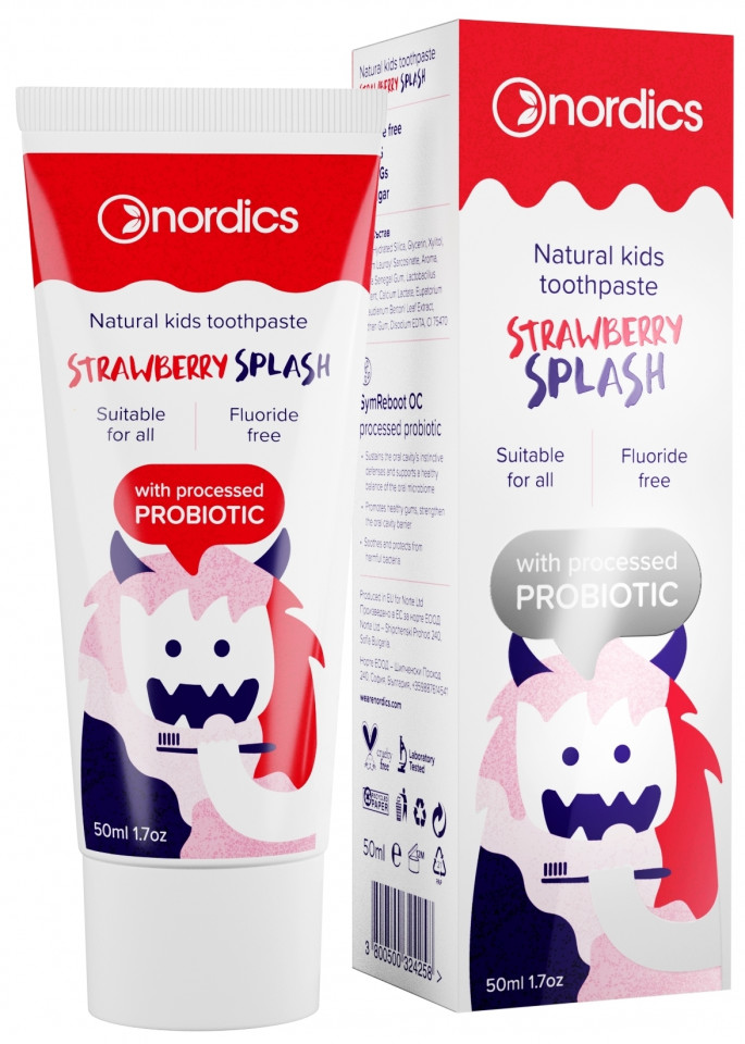 Pasta de dinti pentru copii cu capsuni si probiotice, 50ml, Nordics