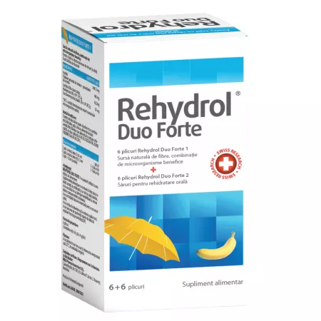 Saruri de hidratare Rehydrol Duo Forte cu aroma de banane, 6 + 6 plicuri, MBA Pharma
