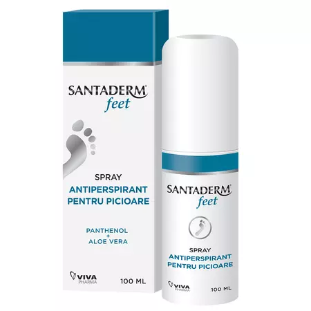 Spray antiperspirant pentru picioare Santaderm cu panthenol si aloe vera, 100ml, Viva Pharma
