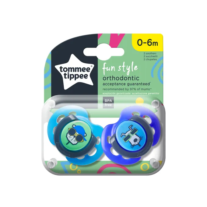 Suzeta ortodontica de zi Fun Style Pisica/Caine 0-6L, 2 bucati, TT 0175-2, Tommee Tippee