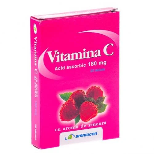 Vitamina C 180mg cu aroma de zmeura, 24 comprimate, Amniocen