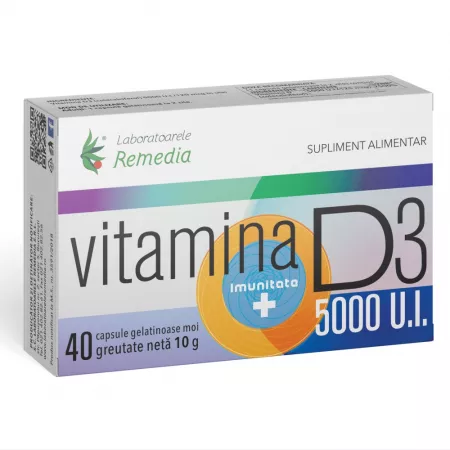 Vitamina D3 5000UI, 40 capsule gelatinoase, Remedia