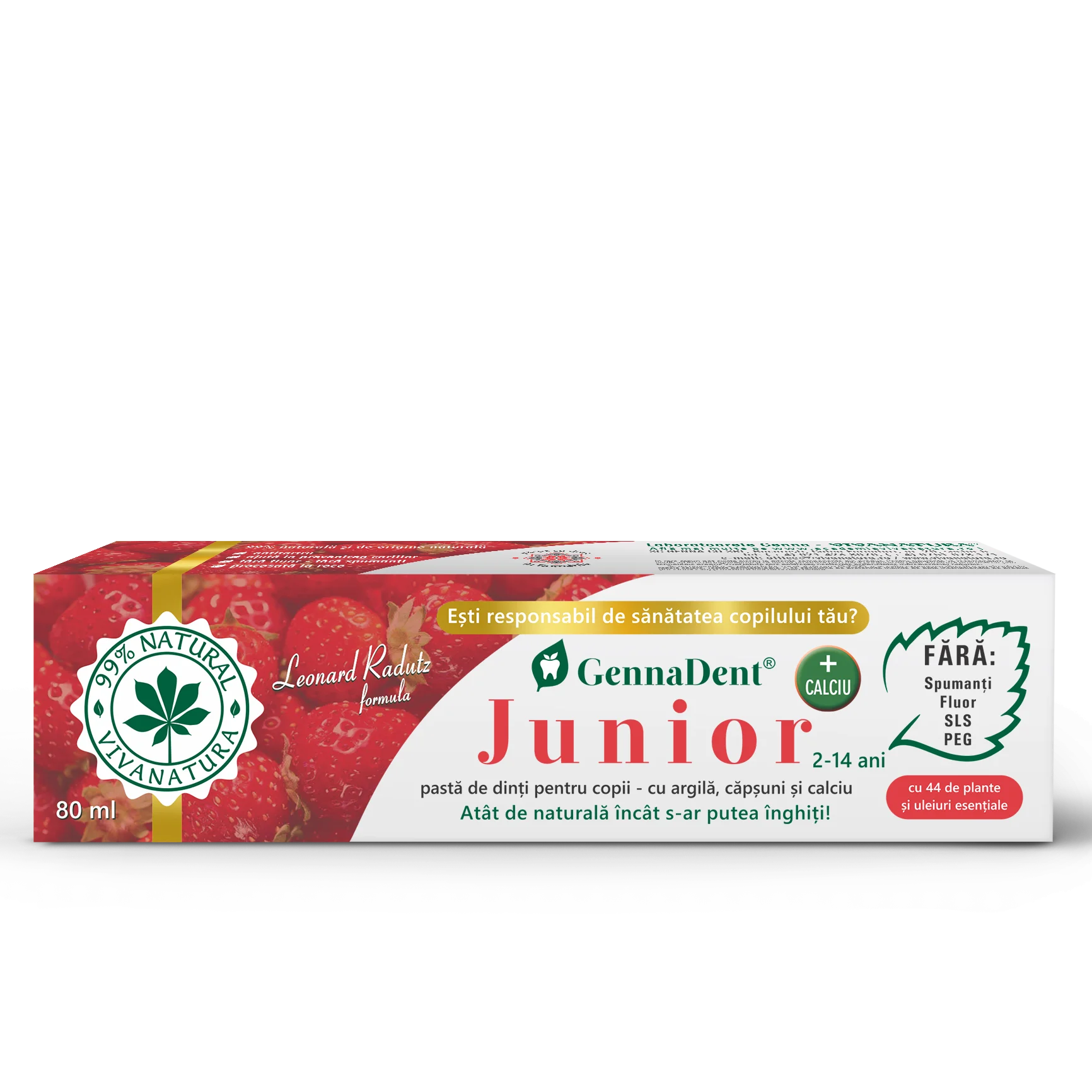 Pasta de dinti GennaDent Junior cu argila si capsuni, 80ml, Vivanatura