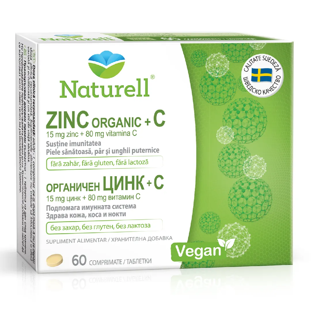 Zinc Organic 15mg + Vitamina C 80mg, 60 comprimate, Naturell