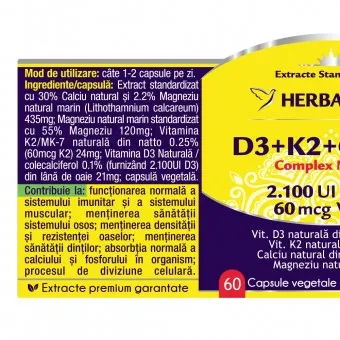 Complex natural D3+K2+Ca+Mg, 60 capsule, Herbagetica
