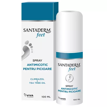 Spray antimicotic pentru picioare Santaderm cu climbazol si Tea tree oil, 100ml, Viva Pharma