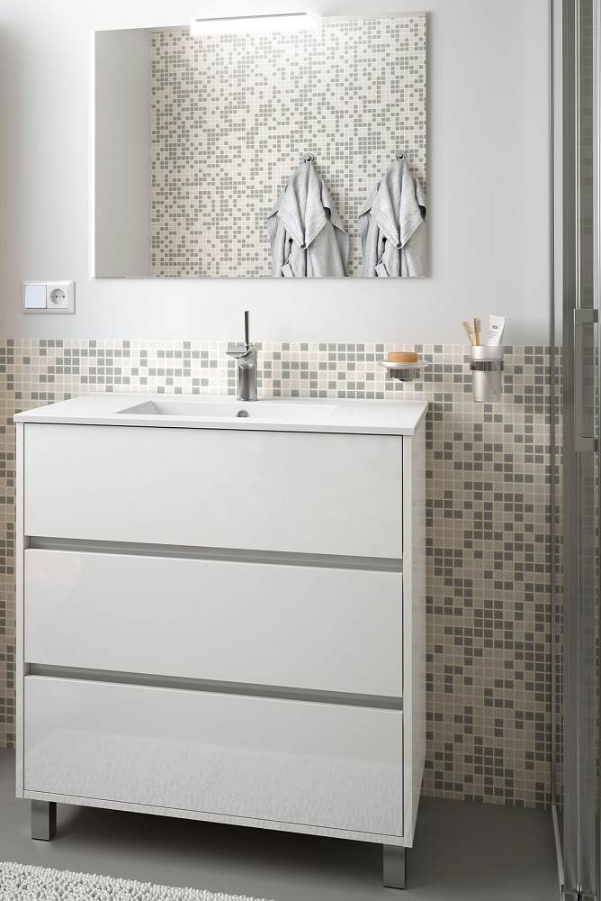 Furniture SALGAR Set mobilier, salgar, arenys/noja, cu lavoar, oglinda si aplica, pal, alb lucios, 81x86cm