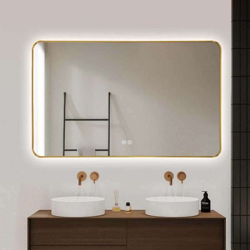 Oglinda baie, Romstal, Evolution, cu rama aur roz periat, 3 tipuri de LED, dezaburire, 2 butoane touch, dreptunghiulara, 60x80 cm