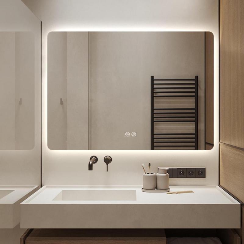 Oglinda Baie, Romstal, Evolution, dreptunghiulara, fara rama, 3 tipuri de LED, dezaburire, 2 butoane touch, 60x80 cm