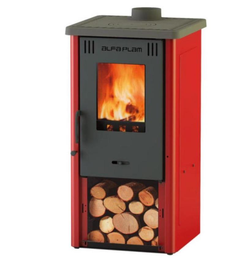 Soba tip semineu,pe lemn,incalzire locala, Alfa-Plam, Elita 3, plita, otel,rosu/negru, 8 kW