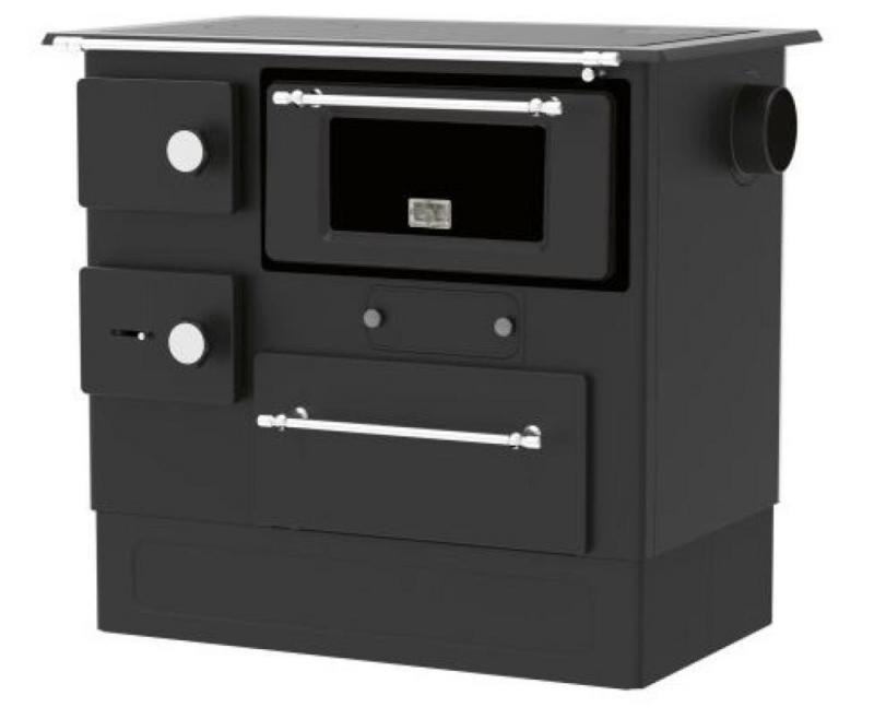 Soba cu plita racord stanga,pe lemn,incalzire locala, Alfa-Plam, regular 46 eco, plita, otel,negra, 8 kW