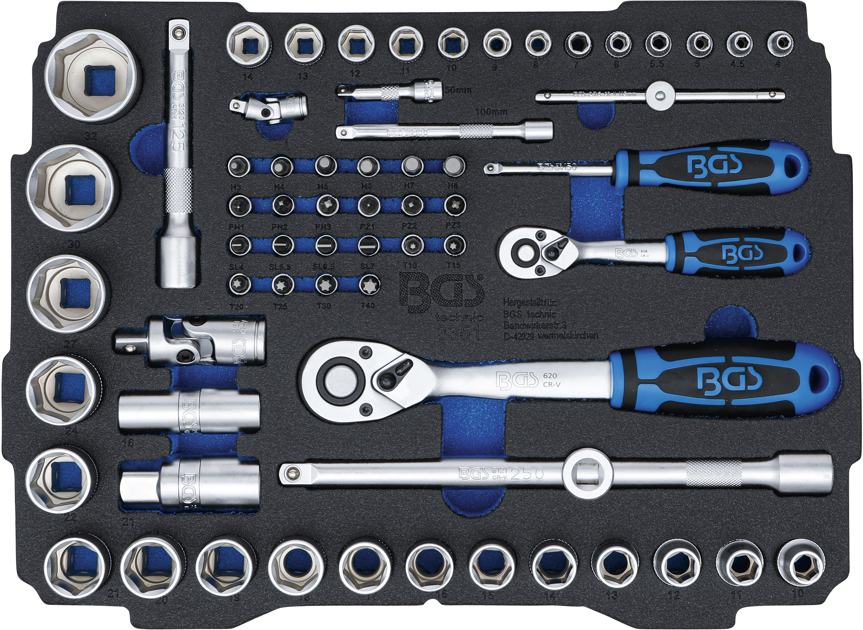 BGS 3351 Set chei tubulare 6,3 mm (1/4") / 12,5 mm (1/2")  in suport din spumă pentru systainer®  BOXSYS 1 & 2, 65 piese
