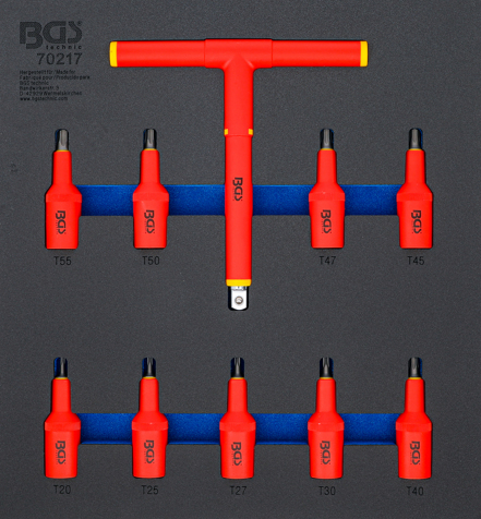 BGS 70217 Set capete biţi VDE, 12,5 mm (1/2"), Profil T (pentru Torx) T20 - T55, 10 piese