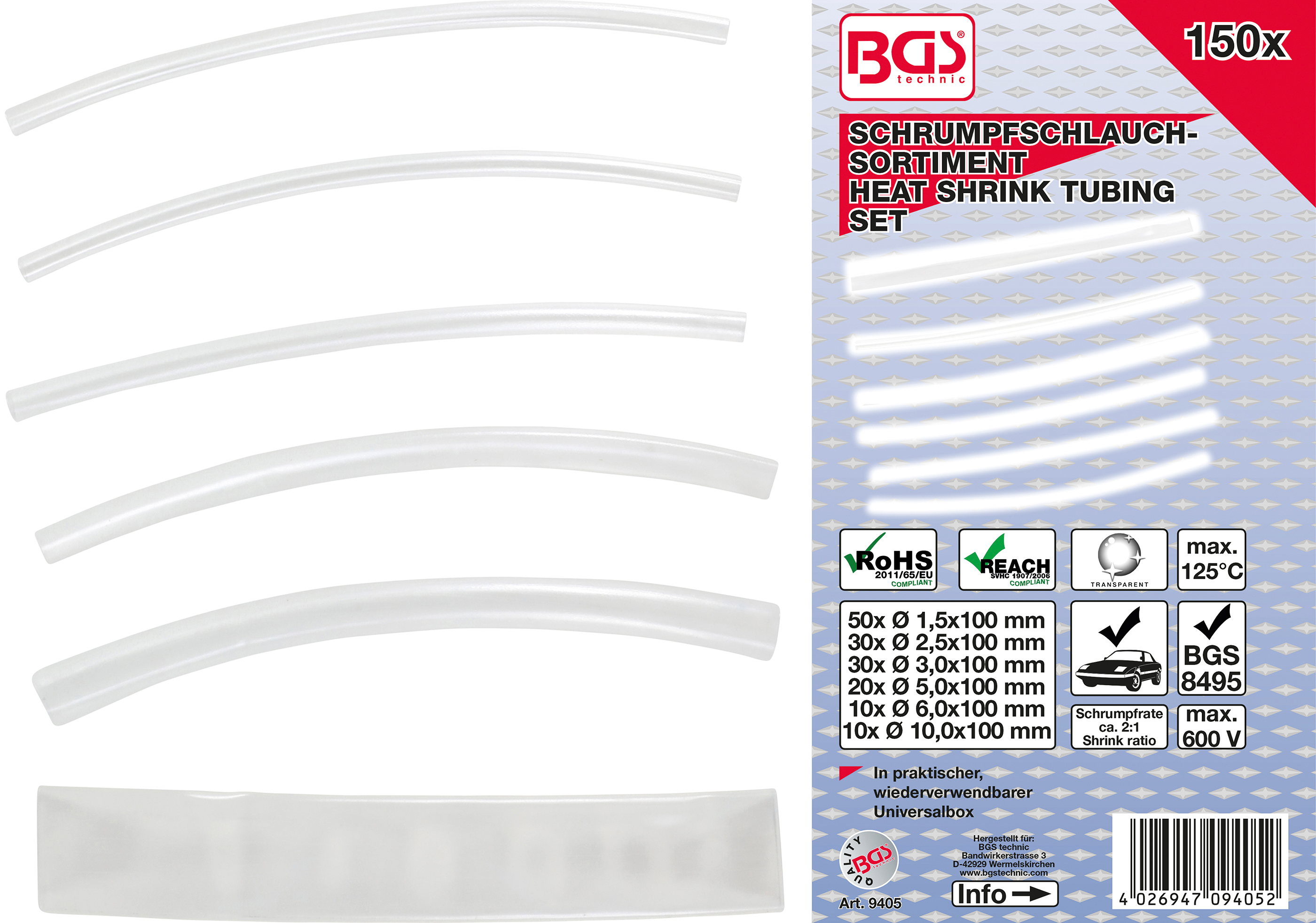BGS 9405  Set tile din varnis termoretractant cu diametre diferite | transparent | 150 piese