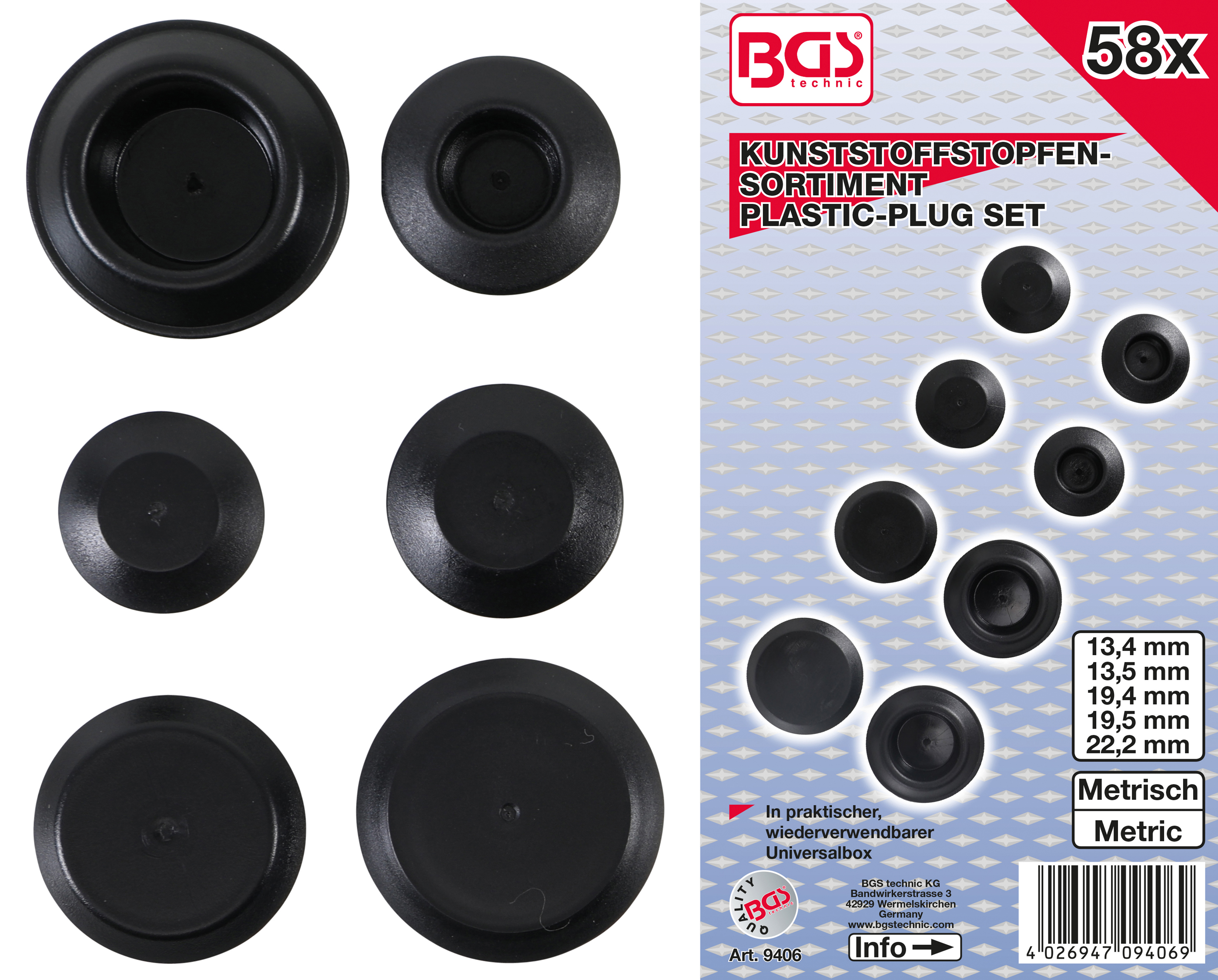 BGS 9406  Set capace din material plastic pentru astupat gauri, 58 piese