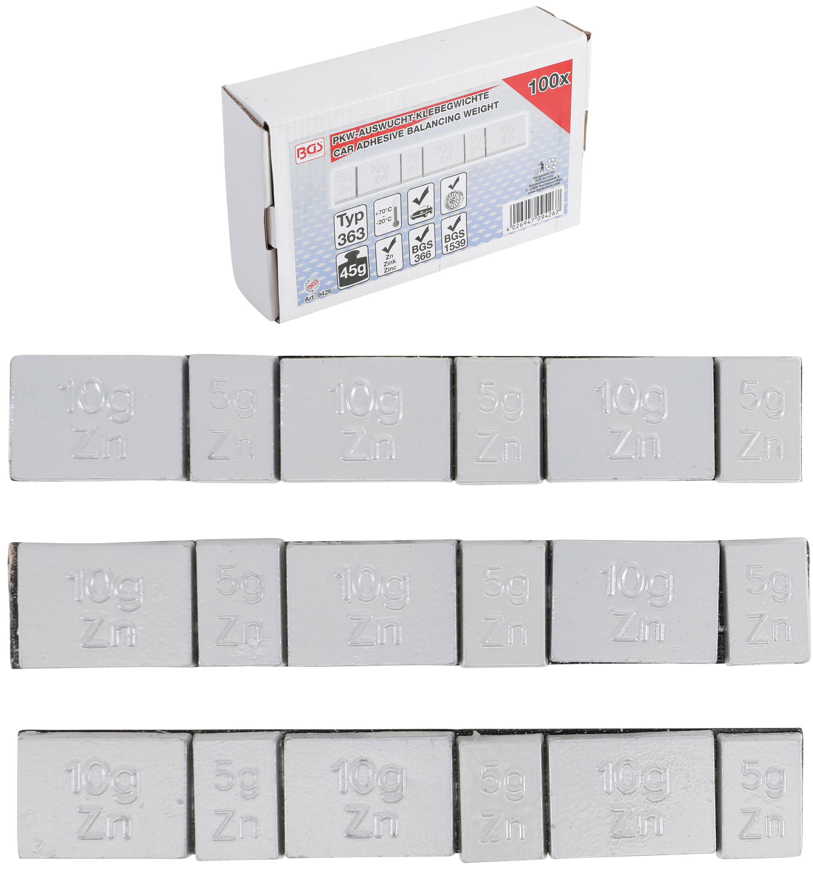 BGS 9426  Set contragreutati pentru roti din Aluminiu | type 363 | 100 x 45gr. | 100 piese