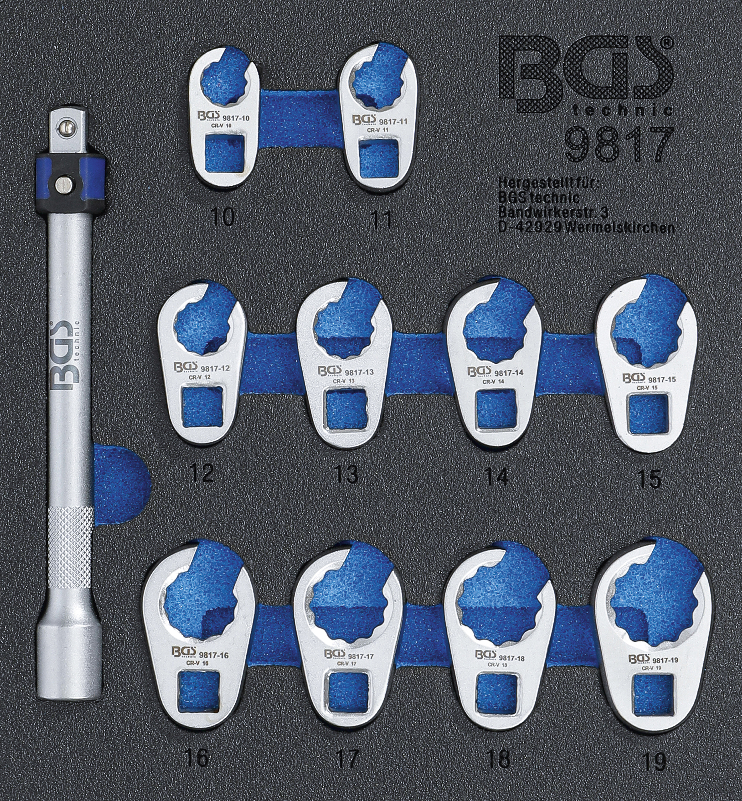 BGS 9817 Suport organizator pentru cărucior 1/6: Set chei cu dinți, 10 mm (3/8"), 10 - 19 mm, 11 piese