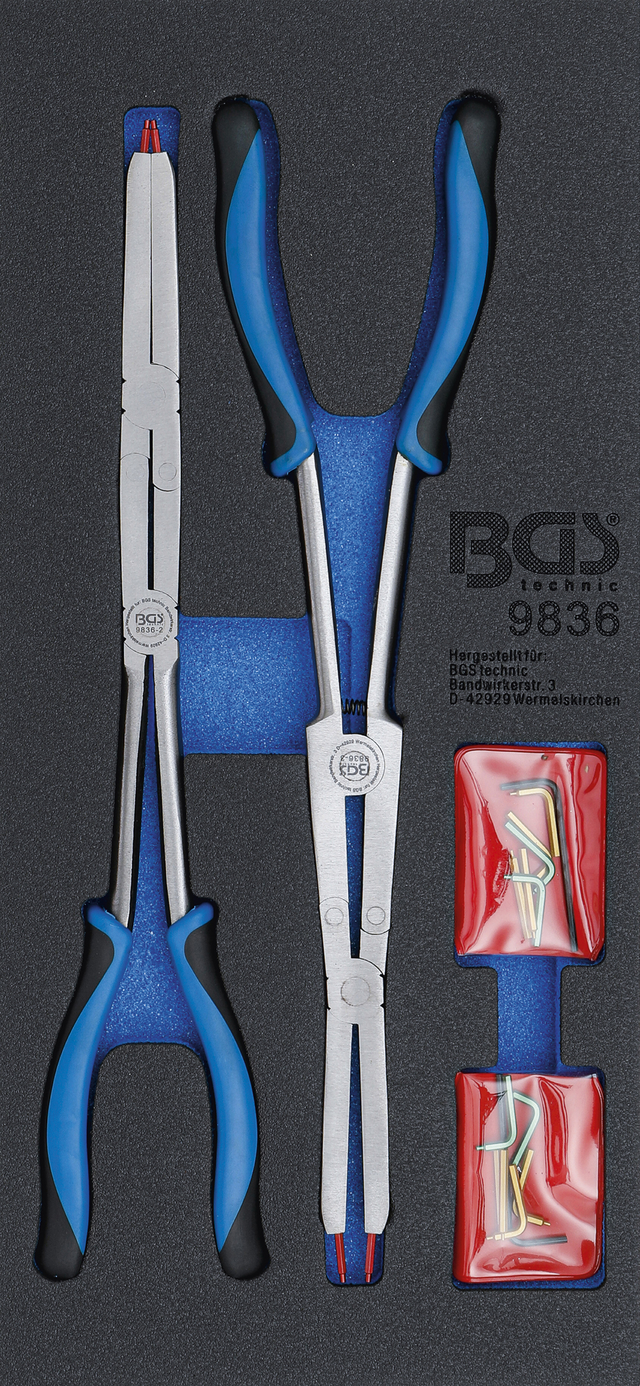 BGS 9836 Set de cleşti pentru inele de siguranţă, articulaţi cu vârfuri interschimbabile, lungime 345 mm