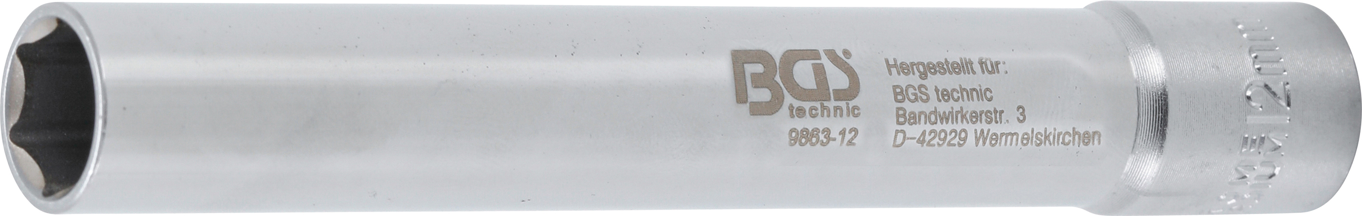 BGS 9863-12 Cheie tubulară 12 mm, 6 colțuri hexagonala , extra adânca lungime 120 mm, antrenare pătrat interior 3/8" (10 mm)