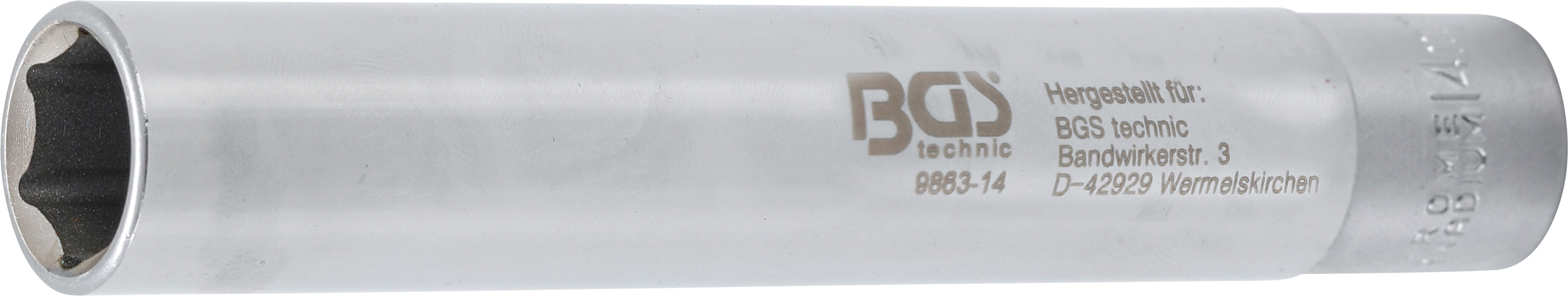 BGS 9863-14 Cheie tubulară 14 mm, 6 colțuri hexagonala , extra adânca lungime 120 mm, antrenare pătrat interior 3/8" (10 mm)