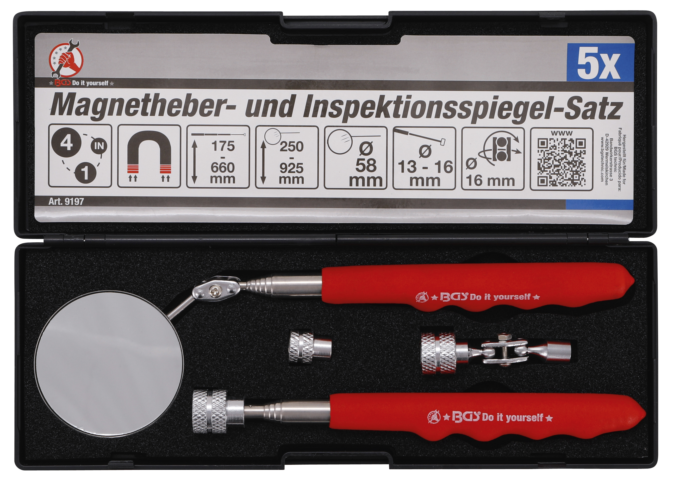 BGS DIY 9197 Set dispozitiv magnetic de ridicat şi oglindă de inspecţie | 4 piese