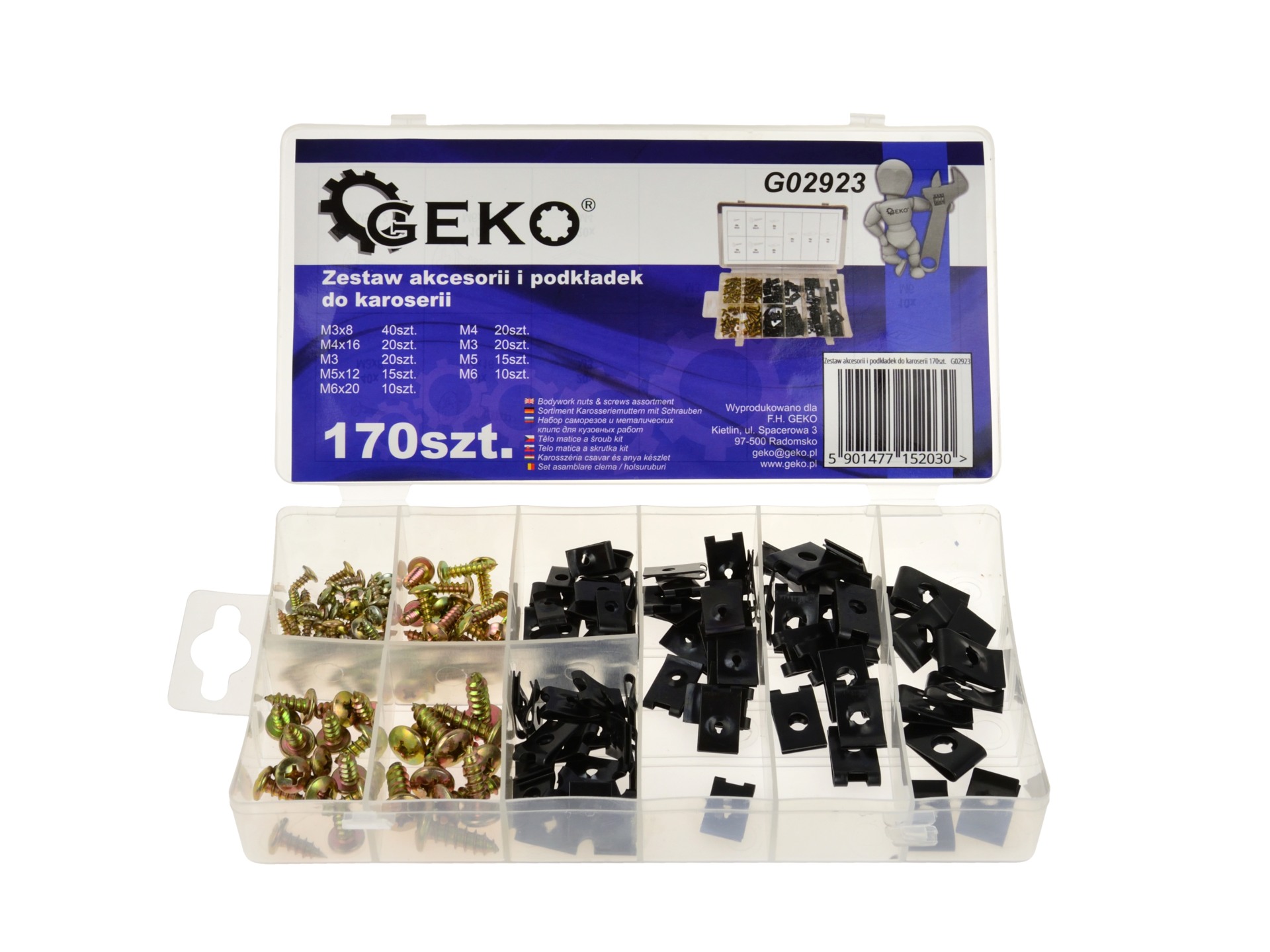 Geko G02923 Set holsuruburi si cleme pentru caroserie, 170 piese