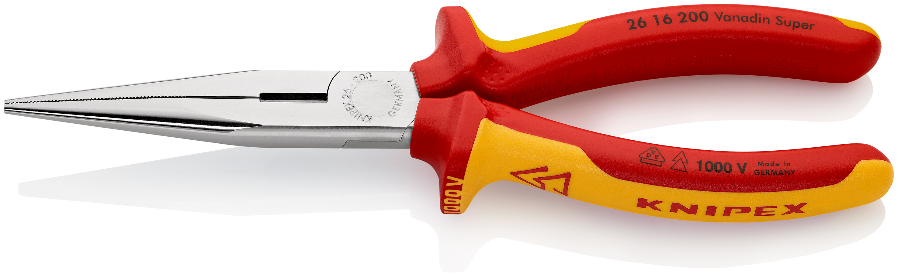 Knipex 2616200 Cleste plat-rotund cu tăiș (patent cu cioc angular) izolate,  mansoane multicomponent, testate VDE, lungime 200 mm