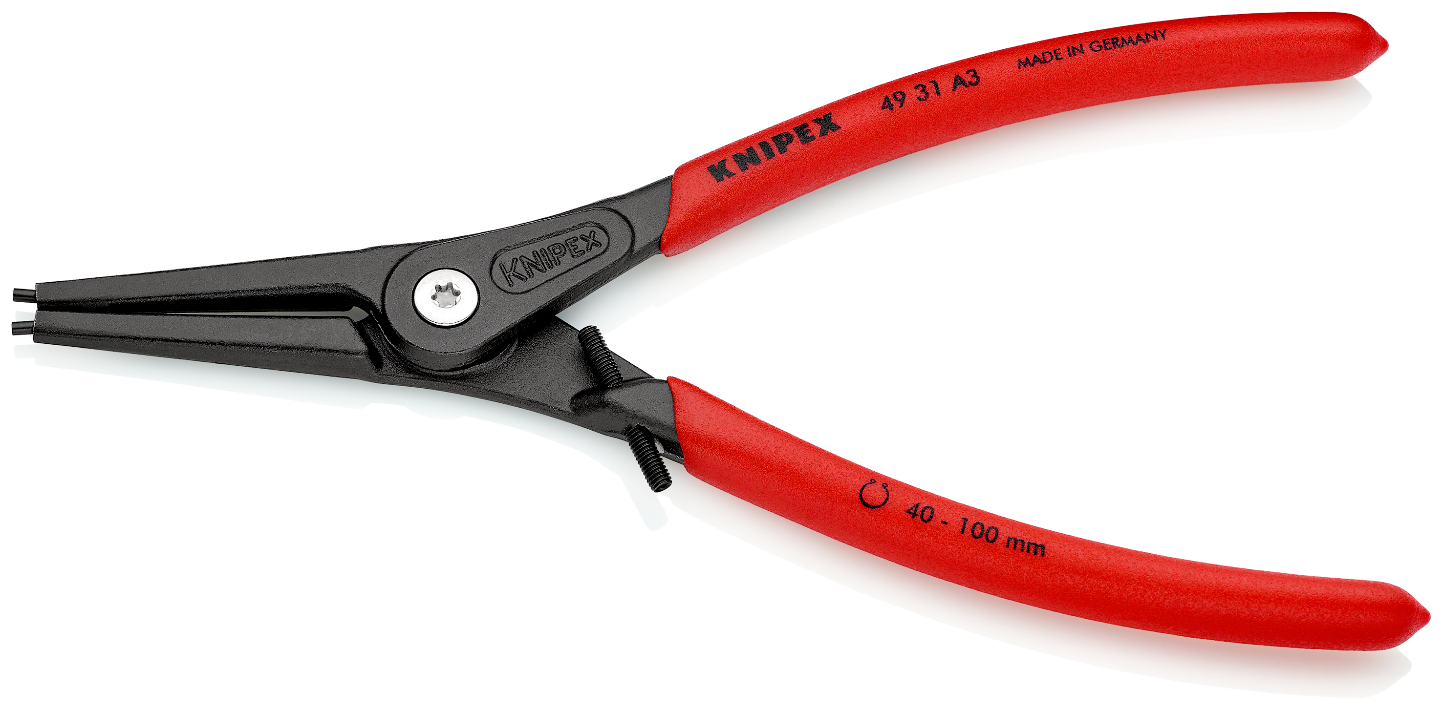 Knipex 4931A3 Cleste pentru inele de siguranță de exterior Ø 40 – 100 mm cu protecţie la supraîntindere, lungime 225 mm