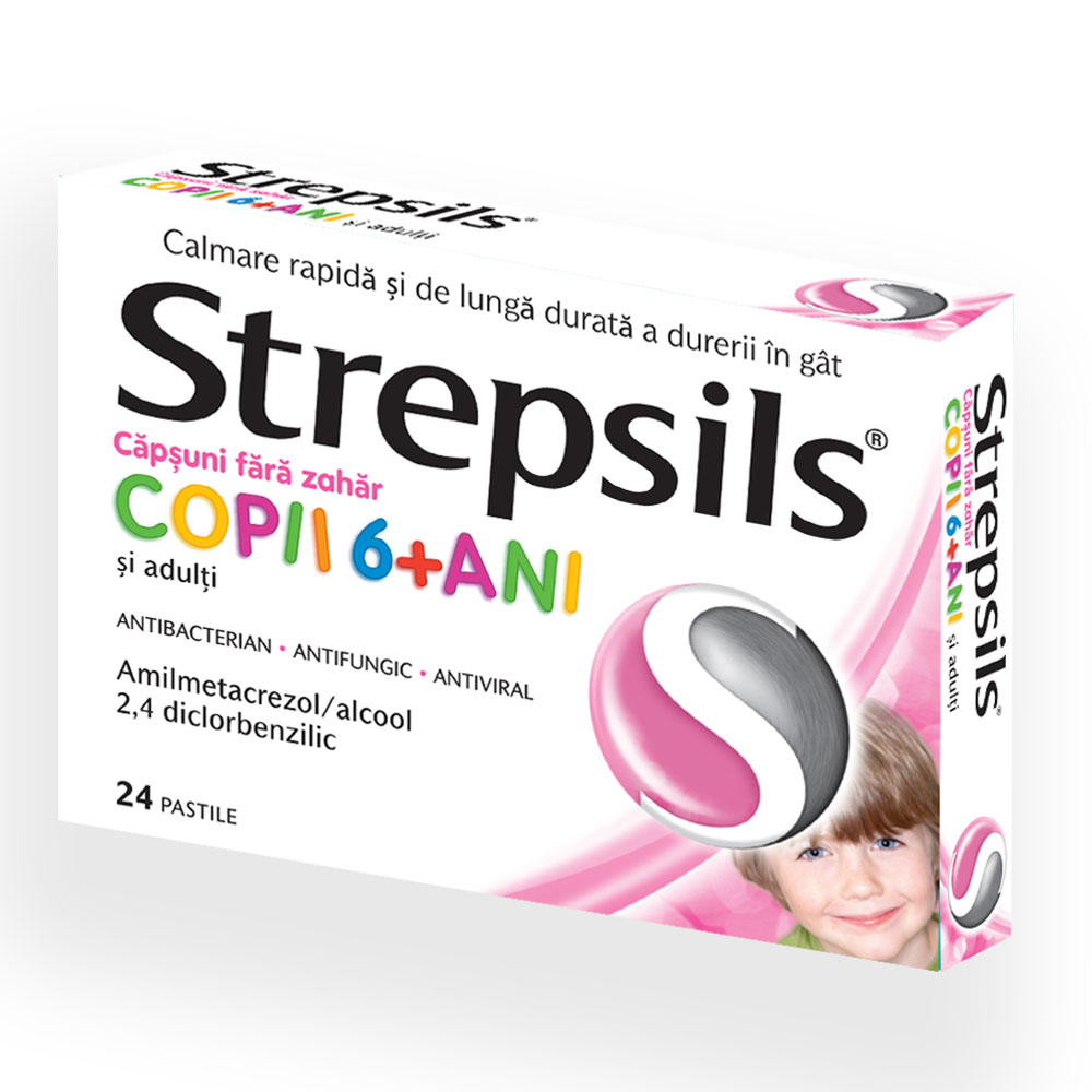 OTC (medicamente care se eliberează fără prescripție medicală) - Strepsils cu aroma de capsuni (fara zahar) x 24pastile de supt, epastila.ro