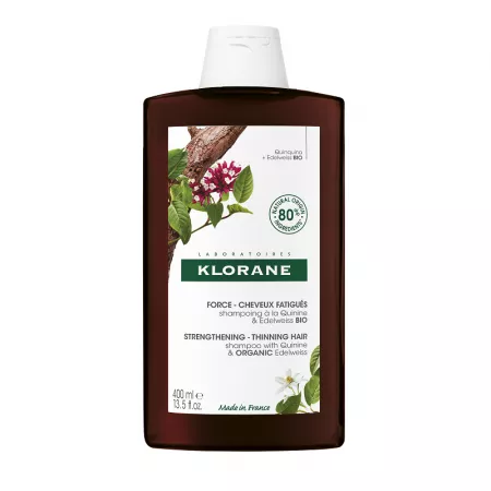 Păr uscat și fragil - Klorane Șampon fortifiant cu chinină și floare de colț bio, păr obosit, 400ml, epastila.ro
