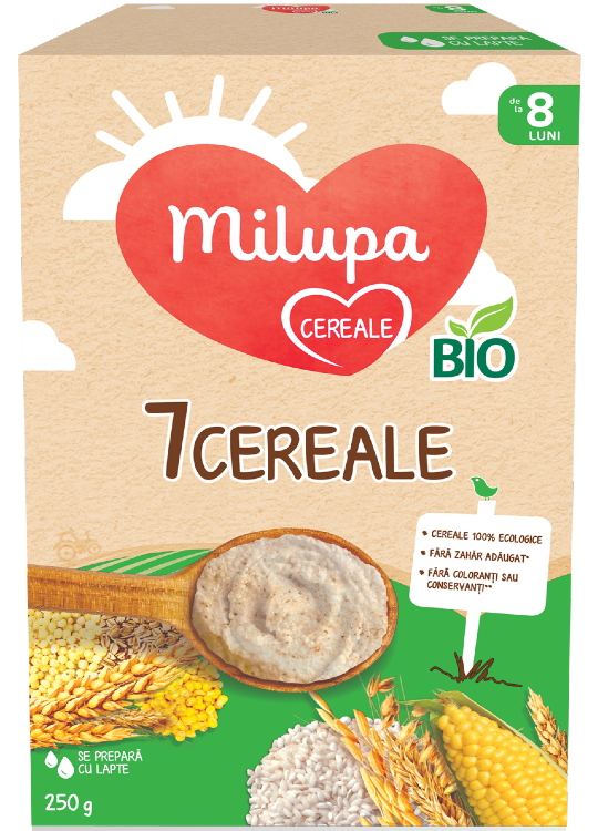 Lapte și mâncărici - Milupa 7 Cereale Bio (+8luni, se prepara cu lapte) 250g, epastila.ro